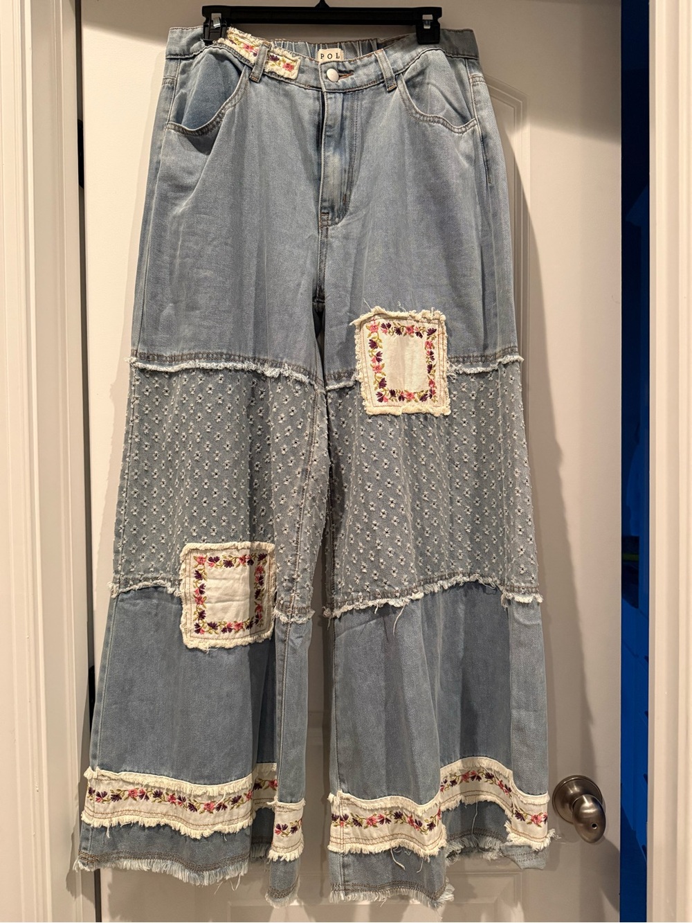 POL Light Blue Patchwork Wide-Leg Jeans with Embroidered Trim